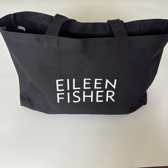Eileen Fisher Logo Canvas Tote Bag Black & White Thick Office Travel 17x13x3.5" - Picture 3 of 11